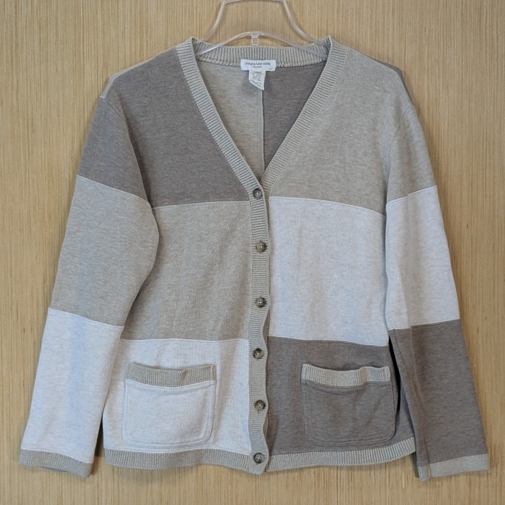 Jones New York Womens Neutral Colorblock Retro Cotton Cardigan Sweater Small